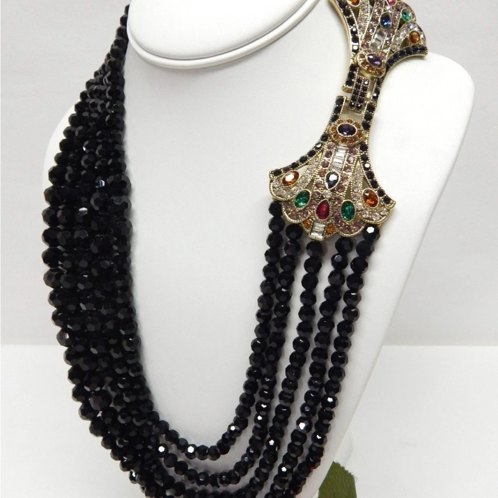 Heidi Daus Gold Tone Multi-Strand Black Crystal Beaded Rhinestone Necklace